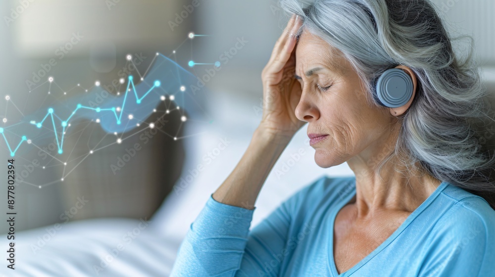 Poster senior woman using a wearable device to monitor sleep patterns stock photo with copy space