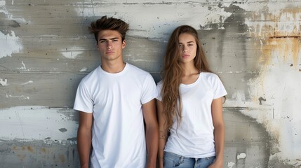 白い無地Tシャツを着た男女