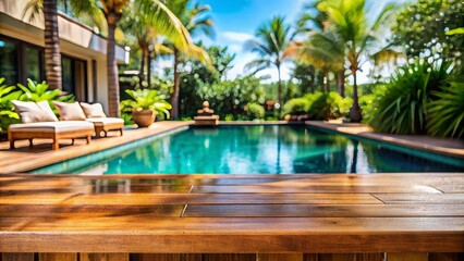 Luxurious wooden table setup with blur tropical pool background, ideal for showcasing products in a serene resort-like atmosphere.