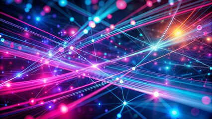 Obraz premium Vibrant pink and blue glowing neon lines intersect amidst bokeh lights, evoking a futuristic data transfer concept on a dynamic abstract backdrop.