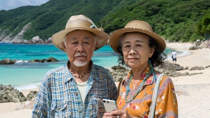 Fototapeta premium Senior couple using a smartphone to capture travel memories Stock Photo with copy space
