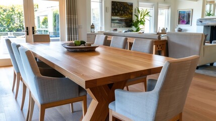 Obraz premium custom wooden dining table with matching chairs, set in a light-filled dining room