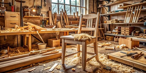 Wood shavings scatter the workbench as half-built wooden chair takes shape, surrounded by hand tools, wood planks, and measuring instruments in a cluttered workshop.