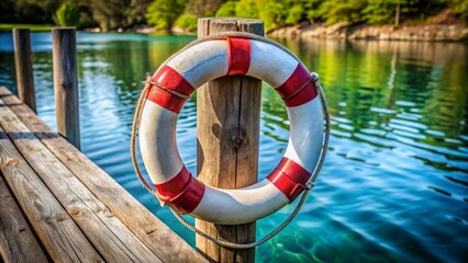 A Life Preserver Ring Hangs On A Wooden Dock Post Near The Water.