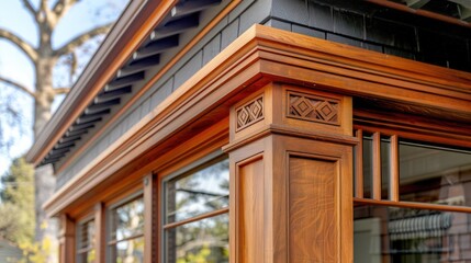 detailed wooden trim around a Craftsman home's windows and doors, showcasing the craftsmanship