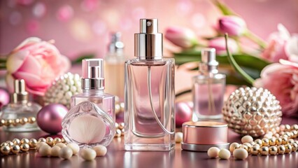 Elegant perfume bottle with delicate silver accents sits amidst soft pink background surrounded by assorted beauty products for women.
