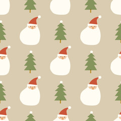 Santa Claus and trees seamless pattern. Hand-drawn Santa and paper cutout trees on kraft background. Ideal for wrapping paper, textile, stationaries, and more.