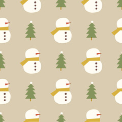 Little snowman and trees seamless pattern. Hand-drawn snowman and paper cutout trees on kraft background. Ideal for wrapping paper, textile, stationaries, and more.