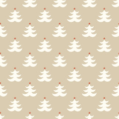 Minimalist Christmas tree seamless pattern. Hand-drawn white trees on kraft background. Ideal for wrapping paper, textile, backgrounds, and more.