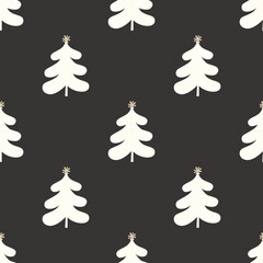 Minimalist Christmas tree seamless pattern. Hand-drawn white trees on black background. Ideal for wrapping paper, textile, backgrounds, and more.