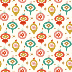 Vintage Christmas baubles seamless pattern. Hand-drawn colorful Christmas ornaments on white background. Ideal for wrapping paper, textile, backgrounds, and more.