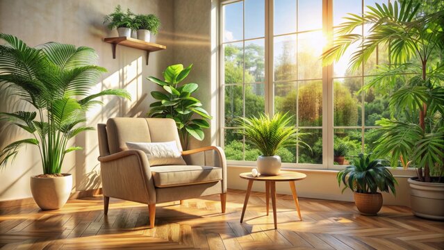 Bright Living Room With Large Windows And Lots Of Plants