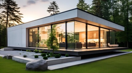 Fototapeta premium Elegant Minimalist Architectural Masterpiece with Glass and Concrete Exterior at Dusk