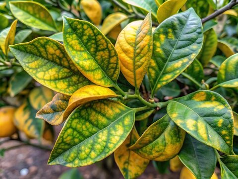 Yellowing leaves with blotchy patterns, twisted and curled, indicating severe infection of citrus greening disease, on a branch with dying twigs and sparse foliage.