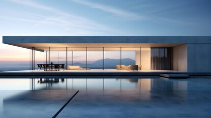 Fototapeta premium Minimalist Luxury Villa with Infinity Pool and Panoramic Glass Facade at Sunset