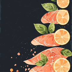 Fresh Salmon with Lemon and Basil on Black Background