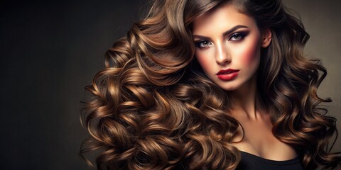 Naklejka premium Gorgeous, dark, luxuriant brunette locks cascade in luscious curls, showcasing texture and depth in a dramatic, high-contrast closeup against a dark, gradient background with ample copy space.