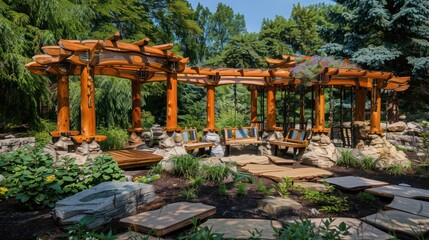hand-laid wooden Craftsman-style outdoor art installation, featuring sculptural elements and interactive components, enriching a garden's cultural value