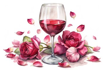 Elegant watercolor illustration of a delicate wine glass filled with burgundy liquid, surrounded by soft, whimsical rose petals, on a crisp white background.