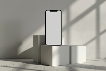 A mockup of a smart phone with a blank white screen, placed on top square cube boxes in a minimalist setting