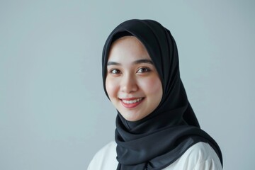 Naklejka premium Cheerful young Asian Muslim woman isolated over white background