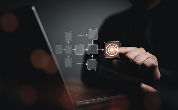 Step by step process and workflow automation with flowchart to reach target, work procedure, and operational instructions. Business plan, strategy methodology for start-up, and key to success.