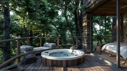 Fototapeta premium A glamorous treehouse retreat featuring a hot tub on the deck, surrounded by nature, and comfortable outdoor seating. 