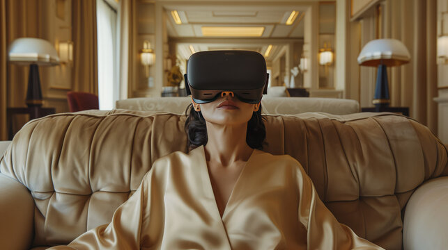 Woman in VR headset explores virtual world in luxurious hotel room.