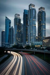 Fototapeta premium Night Traffic in Urban Cityscape: Speedy Road Transportation, Downtown Lights, Urban Street Traffic, Skyscraper Buildings with Vibrant Lights, Modern City Life and Motion in Dusk