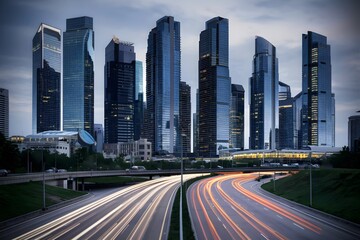 Fototapeta premium Night Traffic in Urban Cityscape: Speedy Road Transportation, Downtown Lights, Urban Street Traffic, Skyscraper Buildings with Vibrant Lights, Modern City Life and Motion in Dusk
