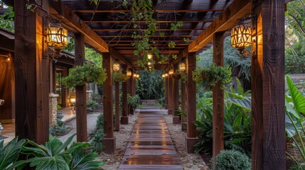 hand-laid wooden Craftsman-style covered walkway, providing a sheltered path between buildings or garden areas, adorned with hanging plants and lighting