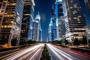 Obraz premium Night Traffic in Urban Cityscape: Speedy Road Transportation, Downtown Lights, Urban Street Traffic, Skyscraper Buildings with Vibrant Lights, Modern City Life and Motion in Dusk