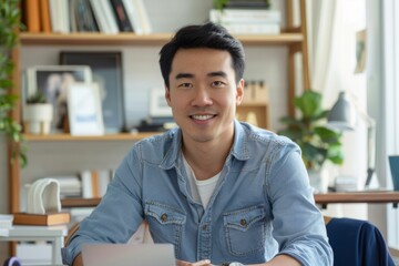 Obraz premium Portrait of confident smiling Asian man sitting at desk