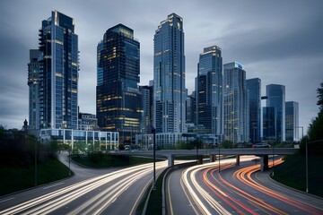 Fototapeta premium Night Traffic in Urban Cityscape: Speedy Road Transportation, Downtown Lights, Urban Street Traffic, Skyscraper Buildings with Vibrant Lights, Modern City Life and Motion in Dusk