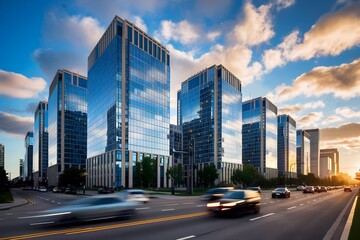 Fototapeta premium Modern City Skyline at Sunset with High-Rise Buildings, Illuminated Skyscrapers, business center office building, modern city center. ideal for urban and travel themes