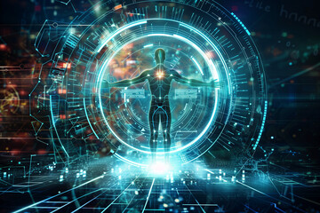 Abstract human body with glowing particles with healthy and technology concept in dark and blue light