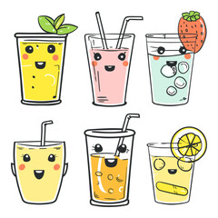 Cute cartoon glasses with smiling faces,  set of 6 different fruit and juice drinks.