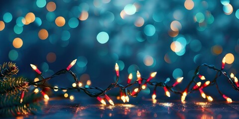 Warm Christmas lights and decorations with bokeh effect on a blue background, evoking festive holiday cheer and celebration.