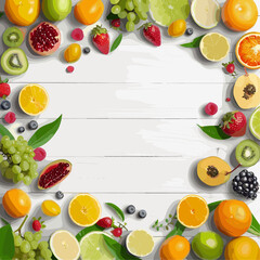 Fresh fruits and berries frame on white wooden background, copy space.  Healthy food, diet, vitamin concept.