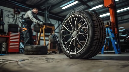 Mechanic service is changing new tires and wheels. on the garage background
