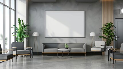 Mockup of a empty horizontal picture frame in a modern waiting room