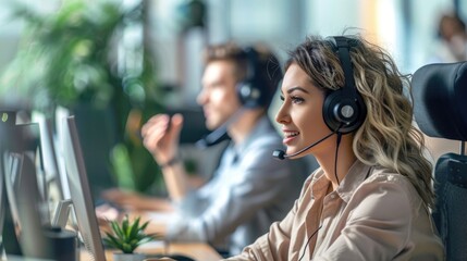 Customer service representative wearing a headset and smiling while talking to a customer. AIG535
