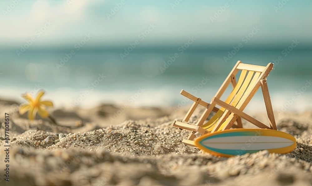 Poster A beach scene with a small wooden chair and a surfboard