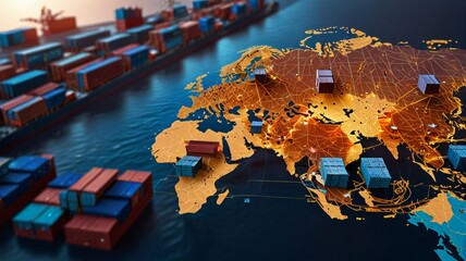 AI technology enhances global logistics for international delivery, using a world map to manage supply chains and container ship networks for export-import 