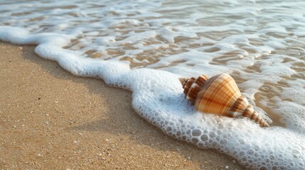 Shell on beach sand with waves empty area