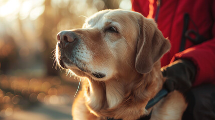 A close-up of a guide dog with its handler, Disability Pride Month with copy space
