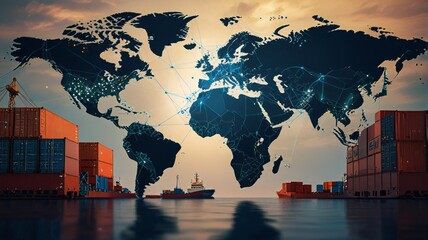 AI technology enhances global logistics for international delivery, using a world map to manage supply chains and container ship networks for export-import 