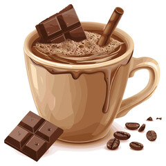 Hot Chocolate with Chocolate Bar and Coffee Beans, Delicious Drink