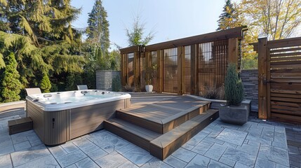 handcrafted wooden Craftsman-style outdoor spa area with a luxury hot tub and privacy screens, providing a serene escape