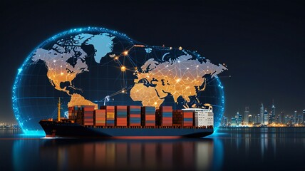 AI technology enhances global logistics for international delivery, using a world map to manage supply chains and container ship networks for export-import 